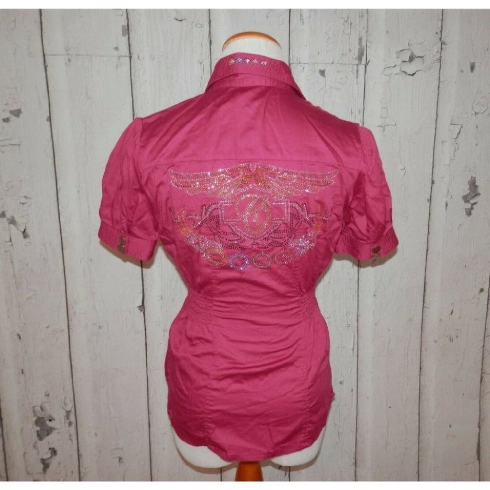 Coogi Womens Medium Pink Short Sleeve Elastic Waist Stretch Peplum Shirt 2736